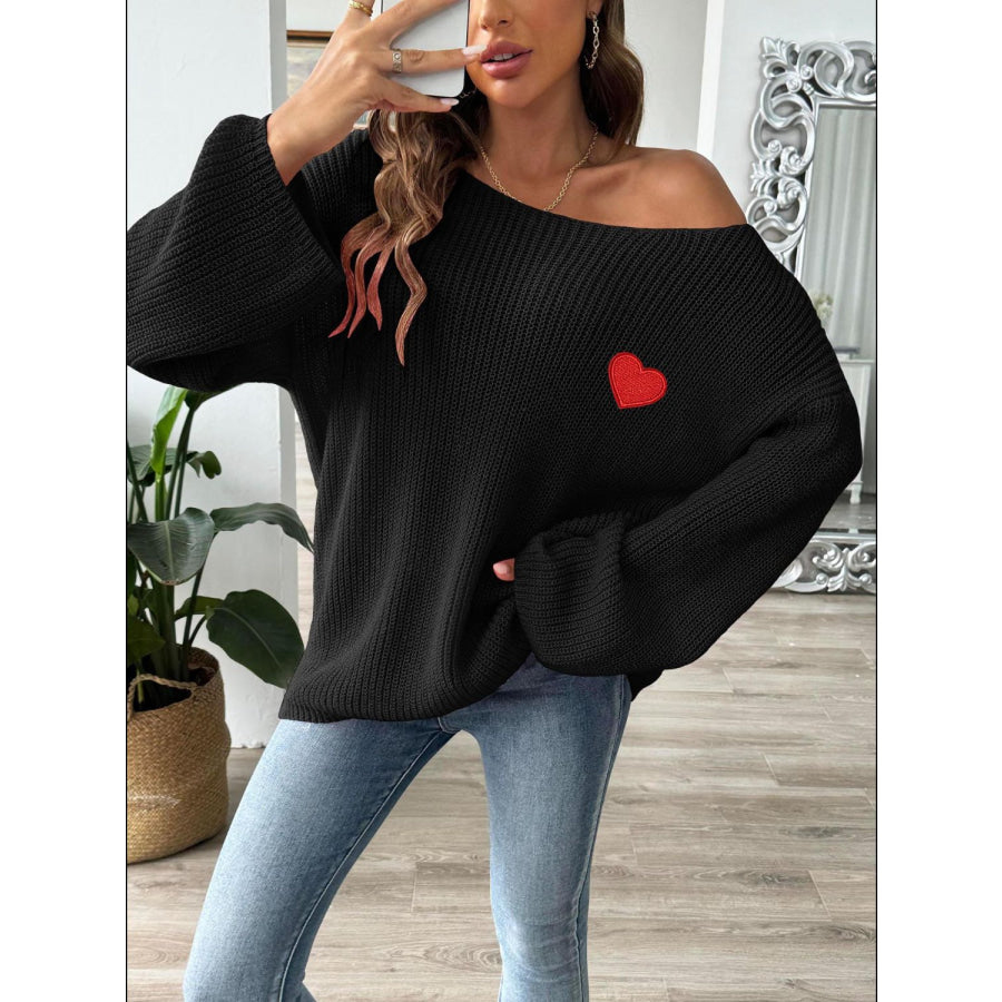 Heart Boat Neck Dropped Shoulder Sweater Apparel and Accessories