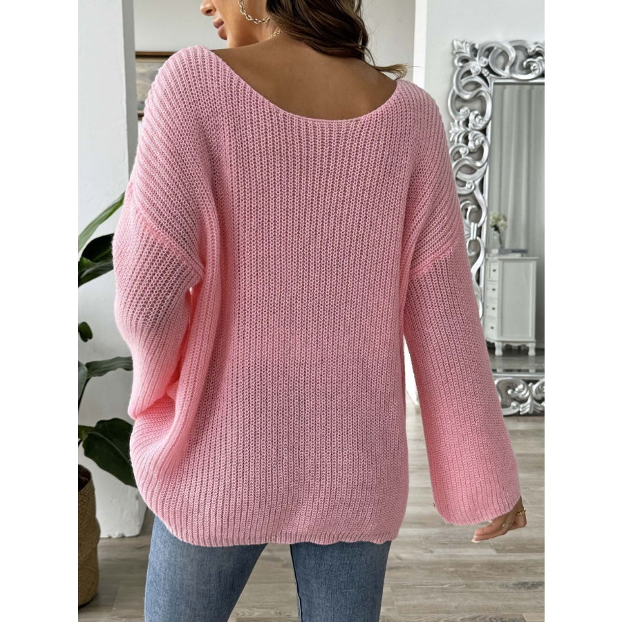 Heart Boat Neck Dropped Shoulder Sweater Apparel and Accessories