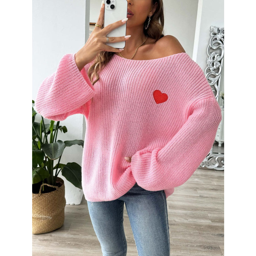 Heart Boat Neck Dropped Shoulder Sweater Apparel and Accessories