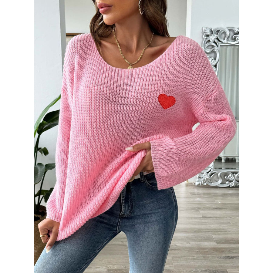 Heart Boat Neck Dropped Shoulder Sweater Apparel and Accessories