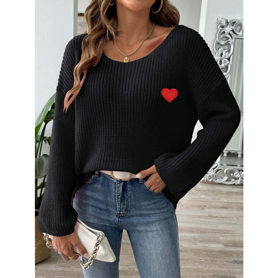 Heart Boat Neck Dropped Shoulder Sweater Black / S Apparel and Accessories