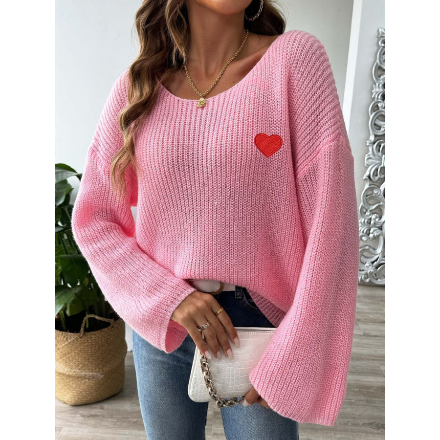 Heart Boat Neck Dropped Shoulder Sweater Pink / S Apparel and Accessories