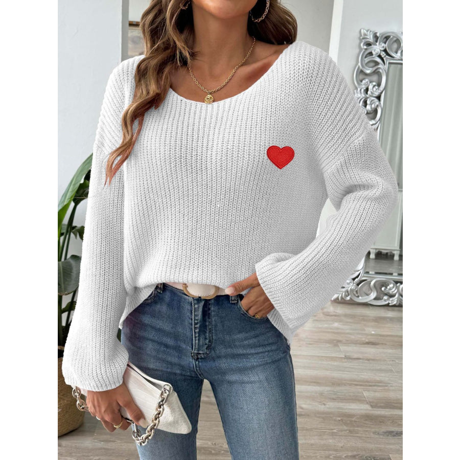 Heart Boat Neck Dropped Shoulder Sweater White / S Apparel and Accessories