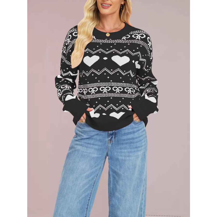 Heart & Bow Pattern Round Neck Sweater Black / S Apparel and Accessories