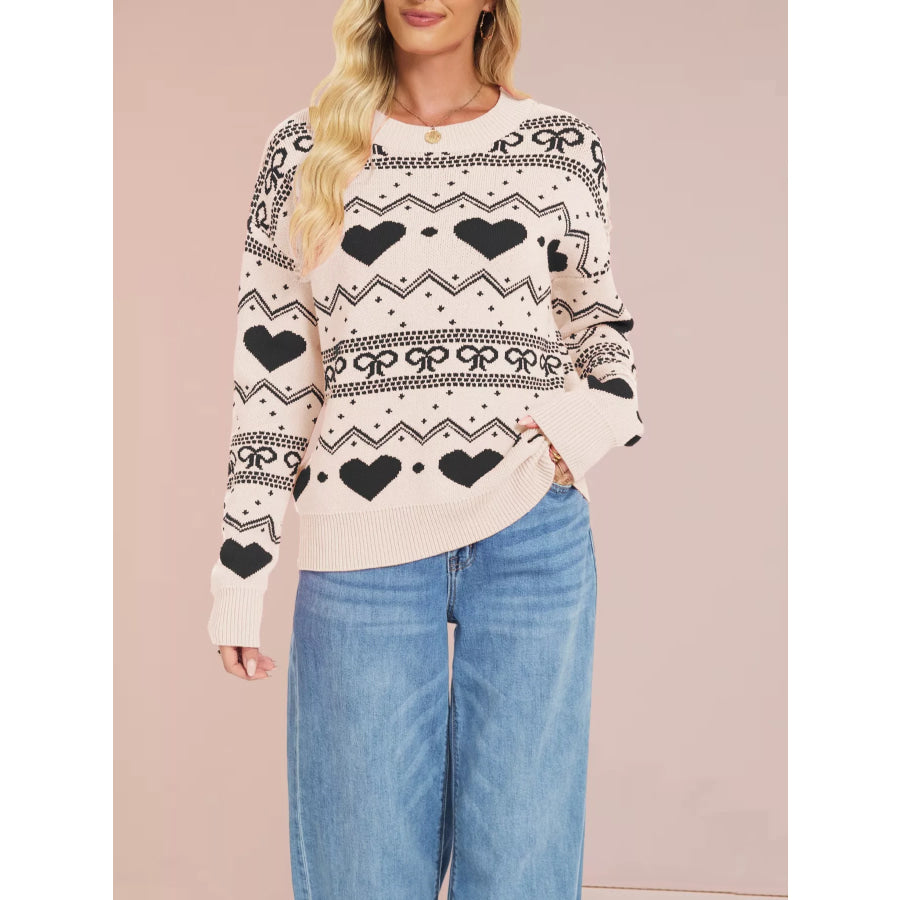 Heart & Bow Pattern Round Neck Sweater Cream / S Apparel and Accessories