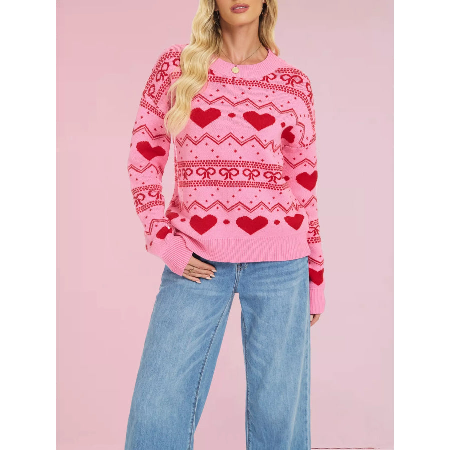 Heart & Bow Pattern Round Neck Sweater Fuchsia Pink / S Apparel and Accessories
