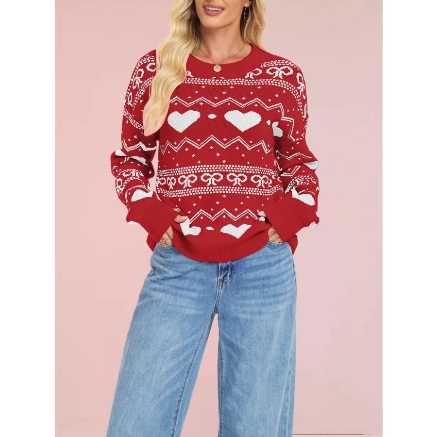 Heart & Bow Pattern Round Neck Sweater Red / S Apparel and Accessories