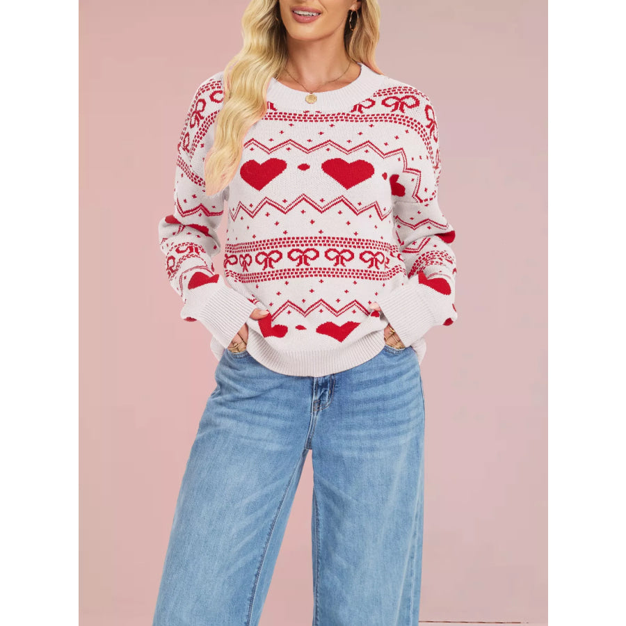 Heart & Bow Pattern Round Neck Sweater White / S Apparel and Accessories