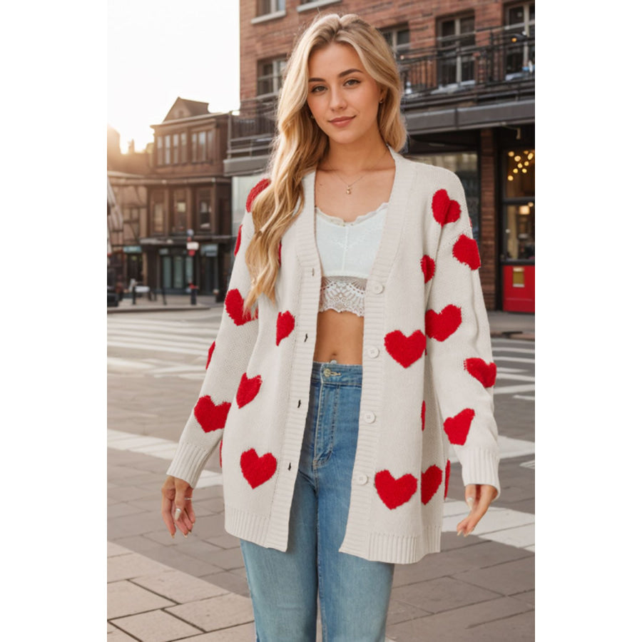 Heart Button Down Long Sleeve Cardigan Beige / S Apparel and Accessories