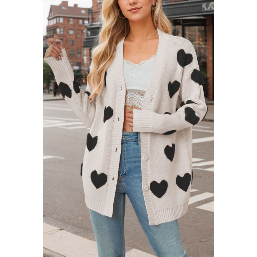 Heart Button Down Long Sleeve Cardigan Black / S Apparel and Accessories