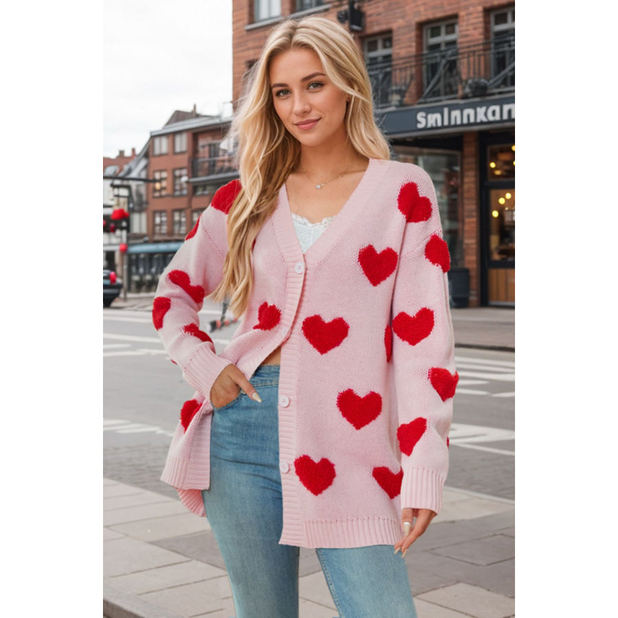 Heart Button Down Long Sleeve Cardigan Pink / S Apparel and Accessories