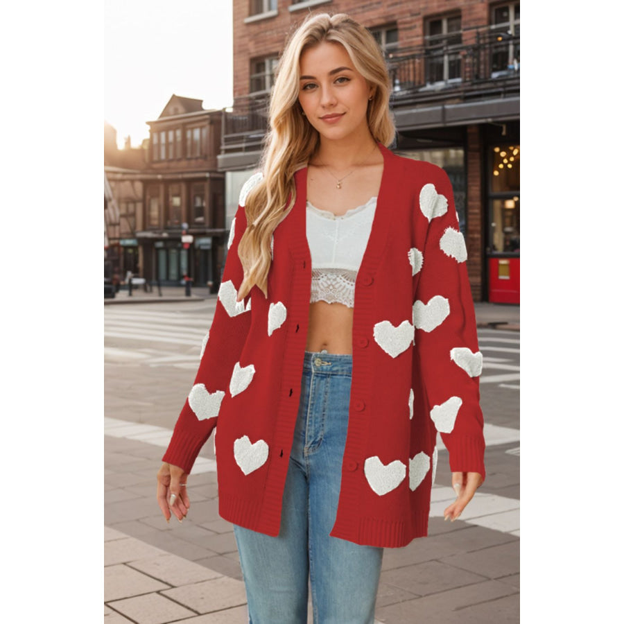 Heart Button Down Long Sleeve Cardigan Scarlet / S Apparel and Accessories