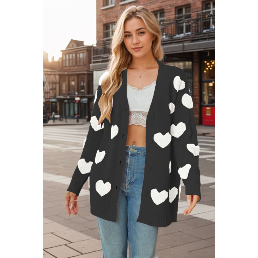 Heart Button Down Long Sleeve Cardigan White / S Apparel and Accessories