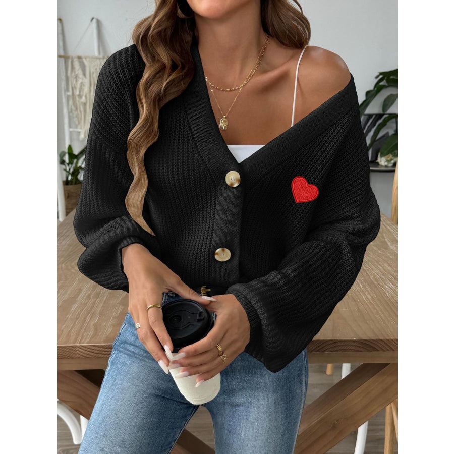 Heart Button Down V-Neck Long Sleeve Cardigan Apparel and Accessories