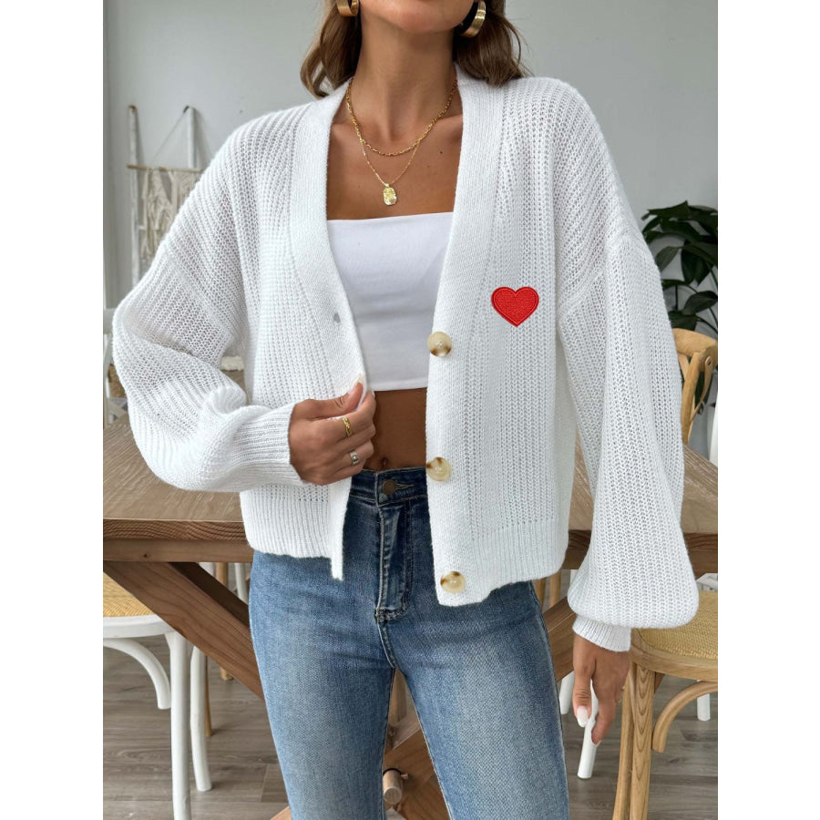 Heart Button Down V-Neck Long Sleeve Cardigan Apparel and Accessories