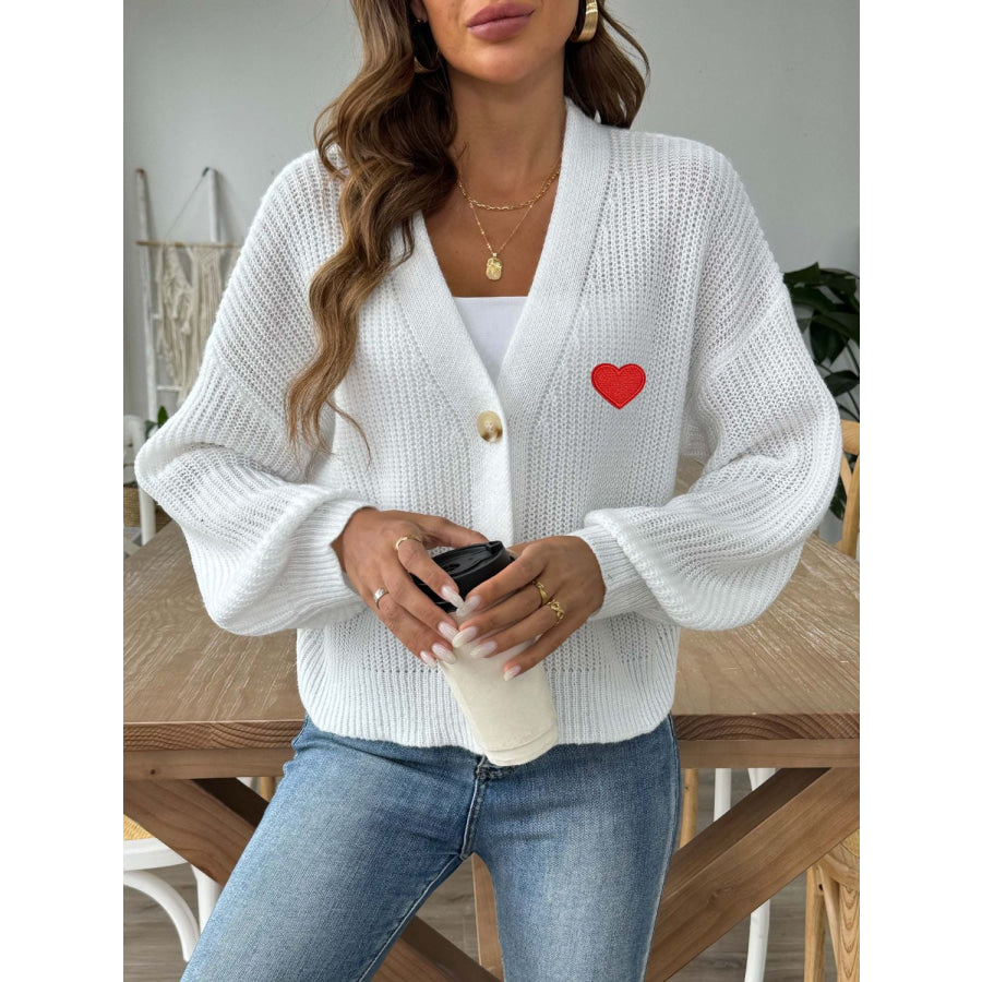 Heart Button Down V-Neck Long Sleeve Cardigan Apparel and Accessories