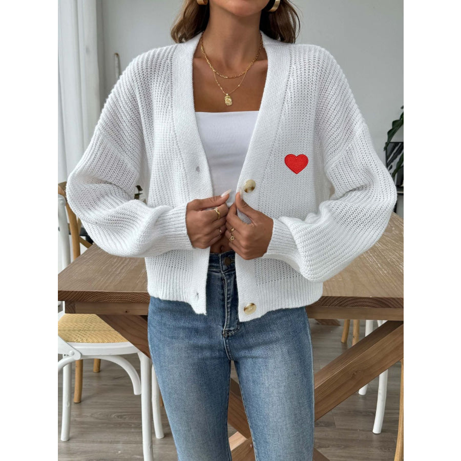 Heart Button Down V-Neck Long Sleeve Cardigan Apparel and Accessories