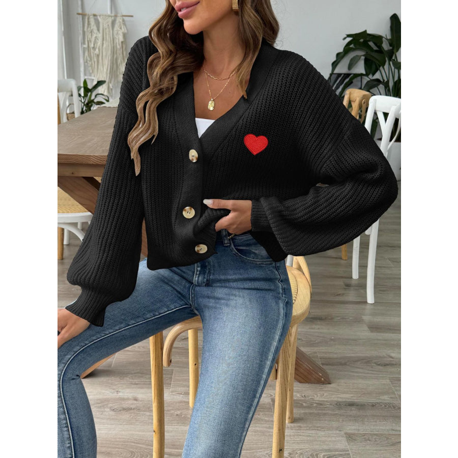 Heart Button Down V-Neck Long Sleeve Cardigan Apparel and Accessories