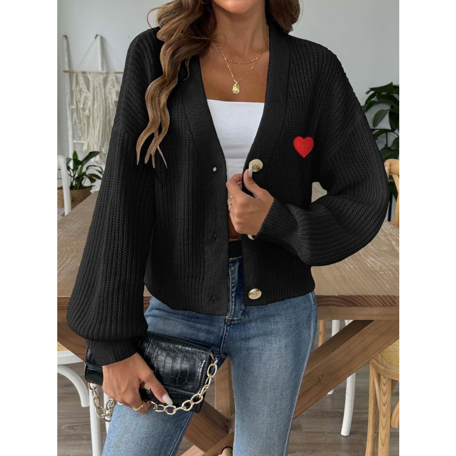 Heart Button Down V-Neck Long Sleeve Cardigan Black / S Apparel and Accessories