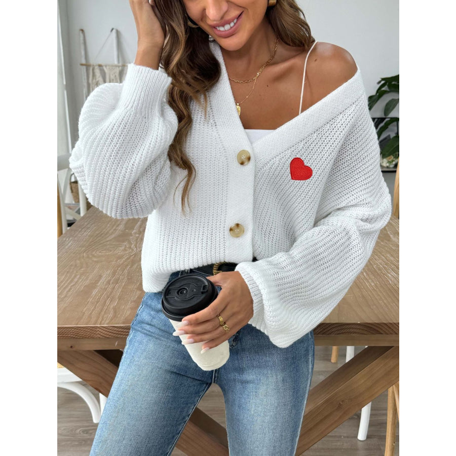 Heart Button Down V-Neck Long Sleeve Cardigan White / S Apparel and Accessories