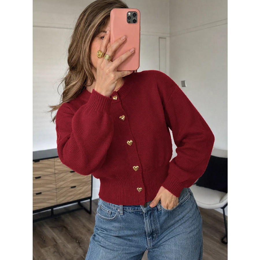 Heart-Button Knit Cardigan Red / S Apparel and Accessories