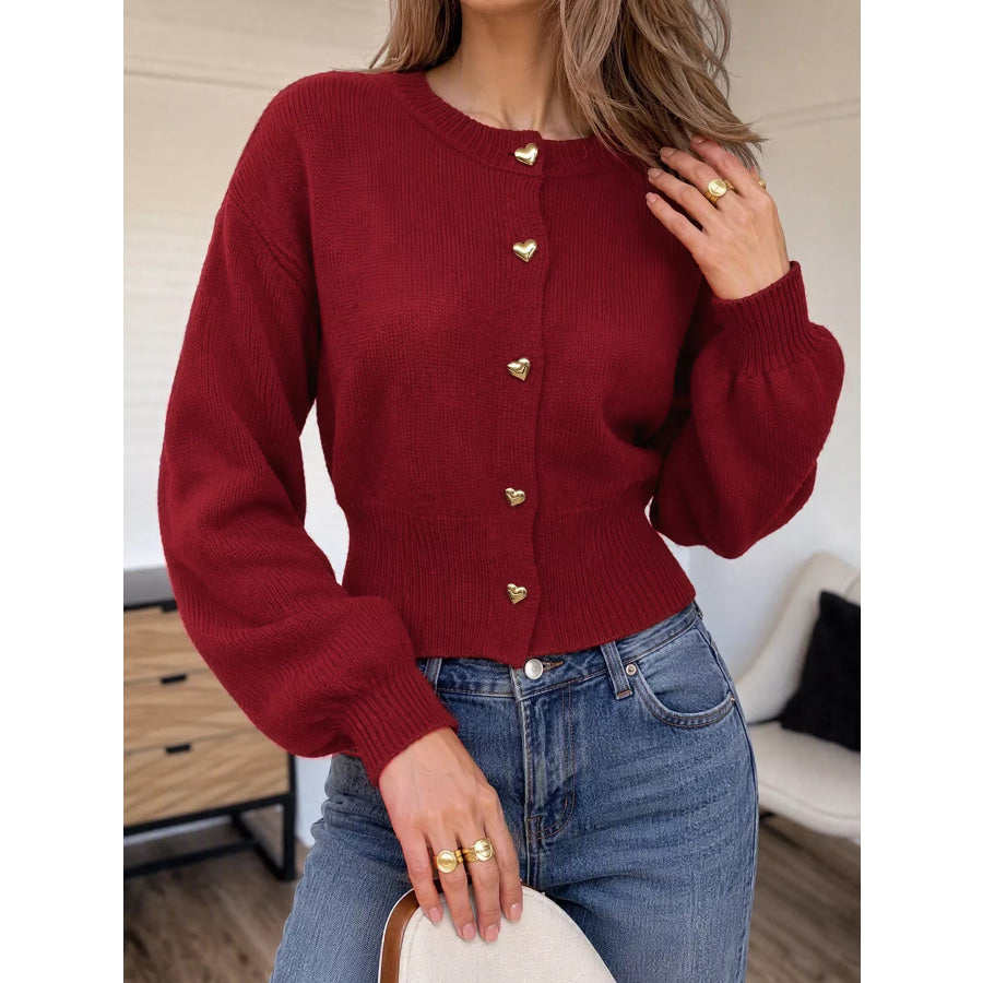 Heart-Button Knit Cardigan Red / S Apparel and Accessories
