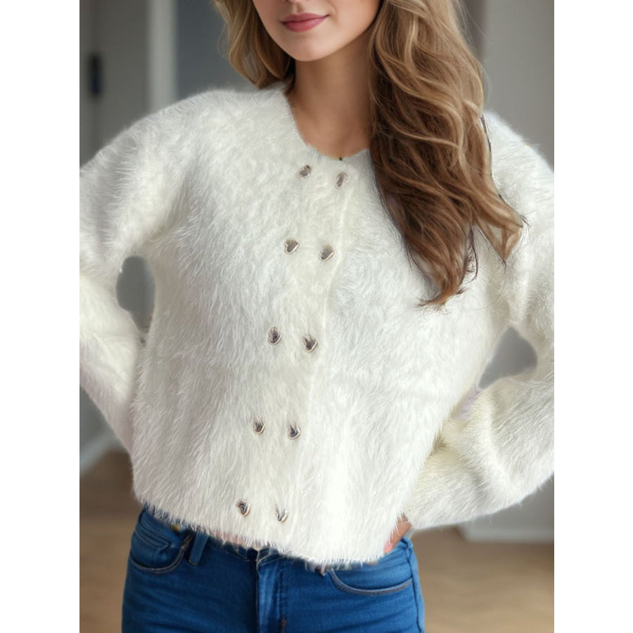 Heart Button Round Neck Cardigan Apparel and Accessories