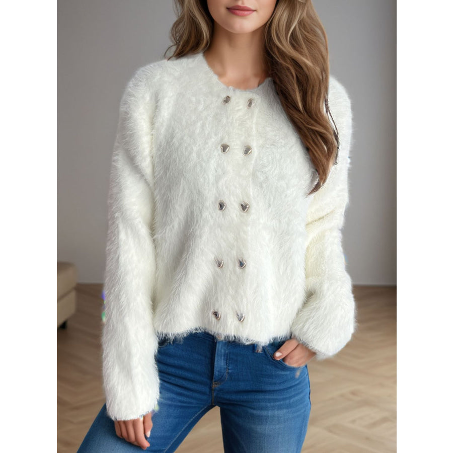 Heart Button Round Neck Cardigan Apparel and Accessories