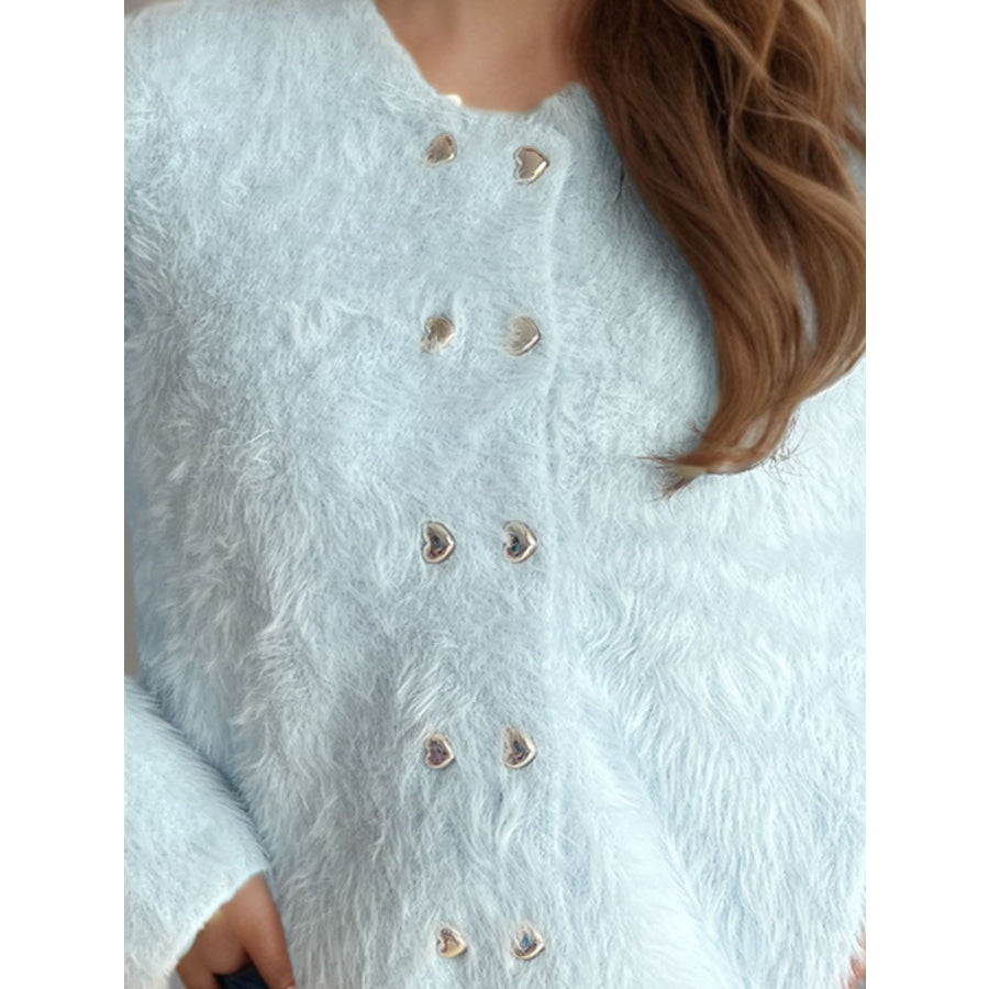 Heart Button Round Neck Cardigan Apparel and Accessories