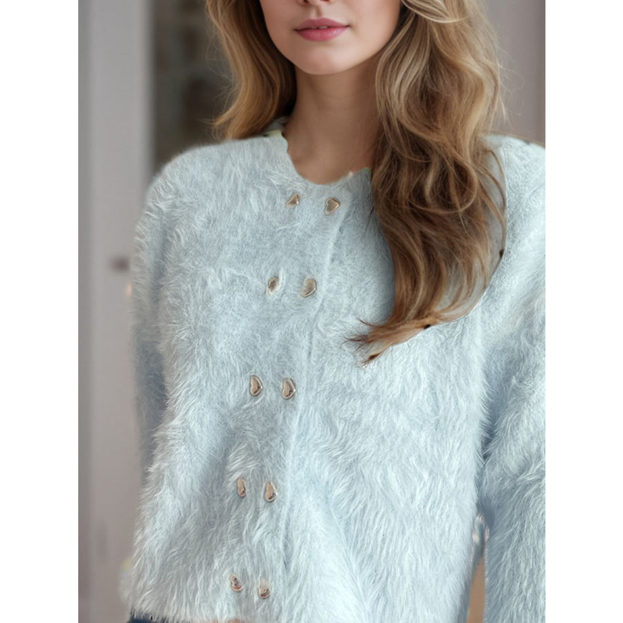 Heart Button Round Neck Cardigan Apparel and Accessories