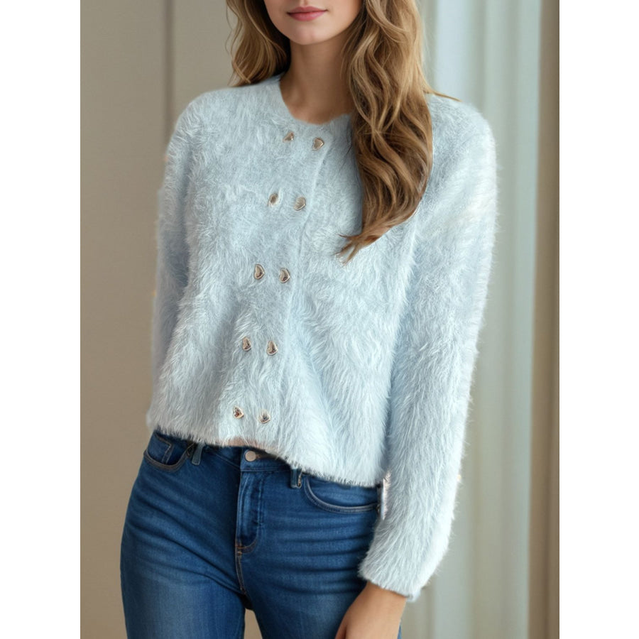 Heart Button Round Neck Cardigan Apparel and Accessories