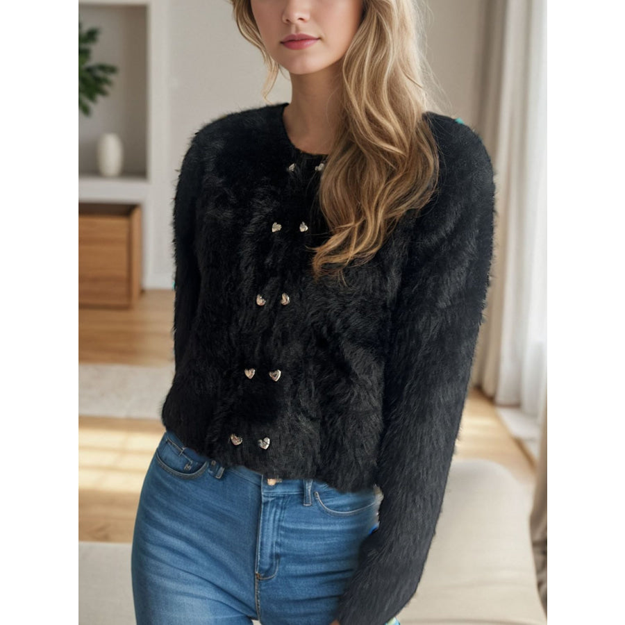 Heart Button Round Neck Cardigan Apparel and Accessories