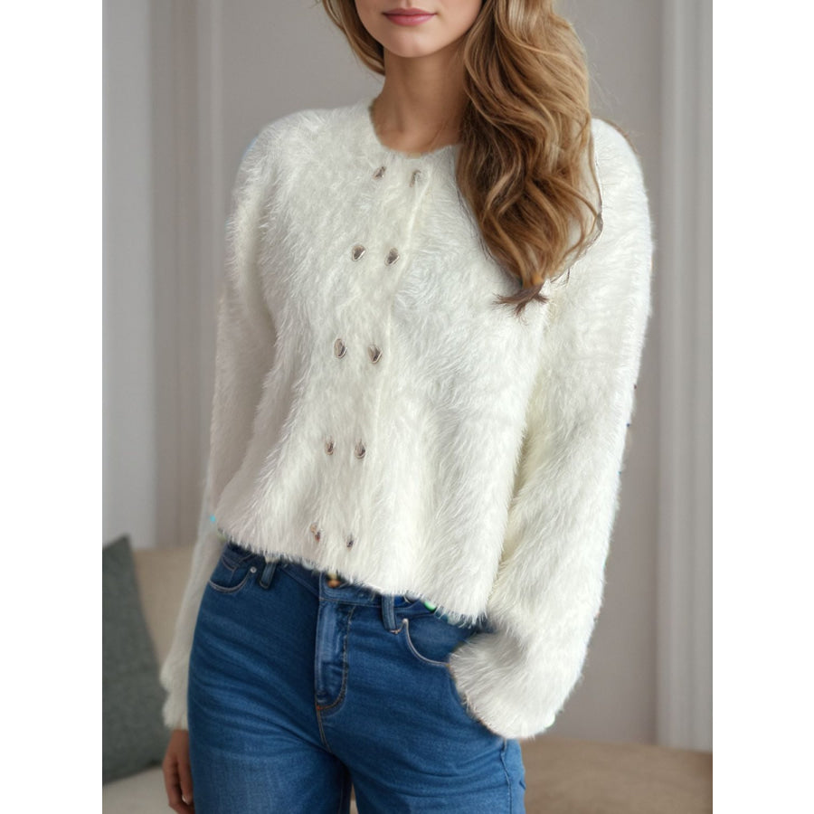 Heart Button Round Neck Cardigan Apparel and Accessories