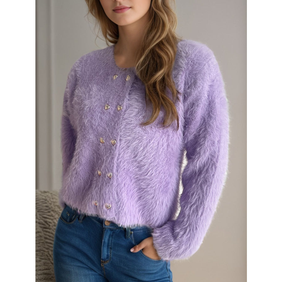 Heart Button Round Neck Cardigan Lavender / One Size Apparel and Accessories