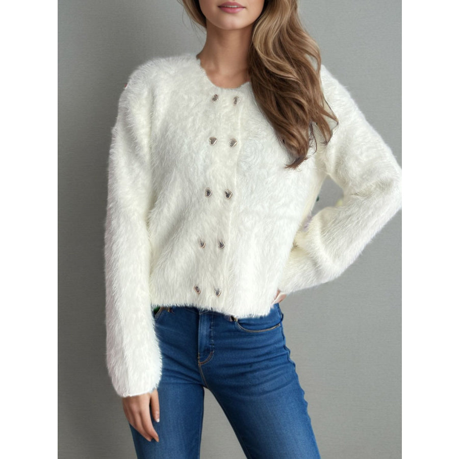 Heart Button Round Neck Cardigan White / One Size Apparel and Accessories