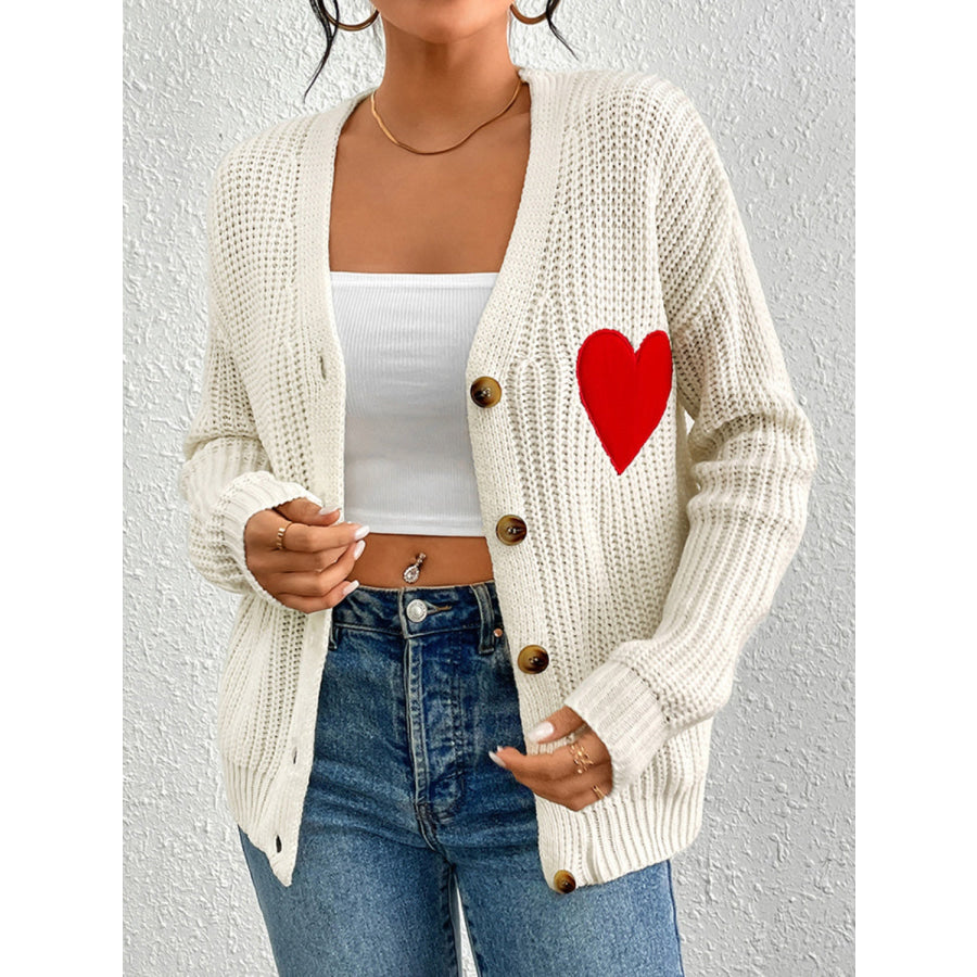 Heart Button Up Dropped Shoulder Cardigan Apparel and Accessories