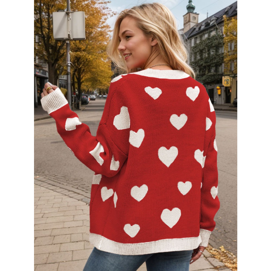 Heart Button Up Dropped Shoulder Long Sleeve Cardigan Apparel and Accessories