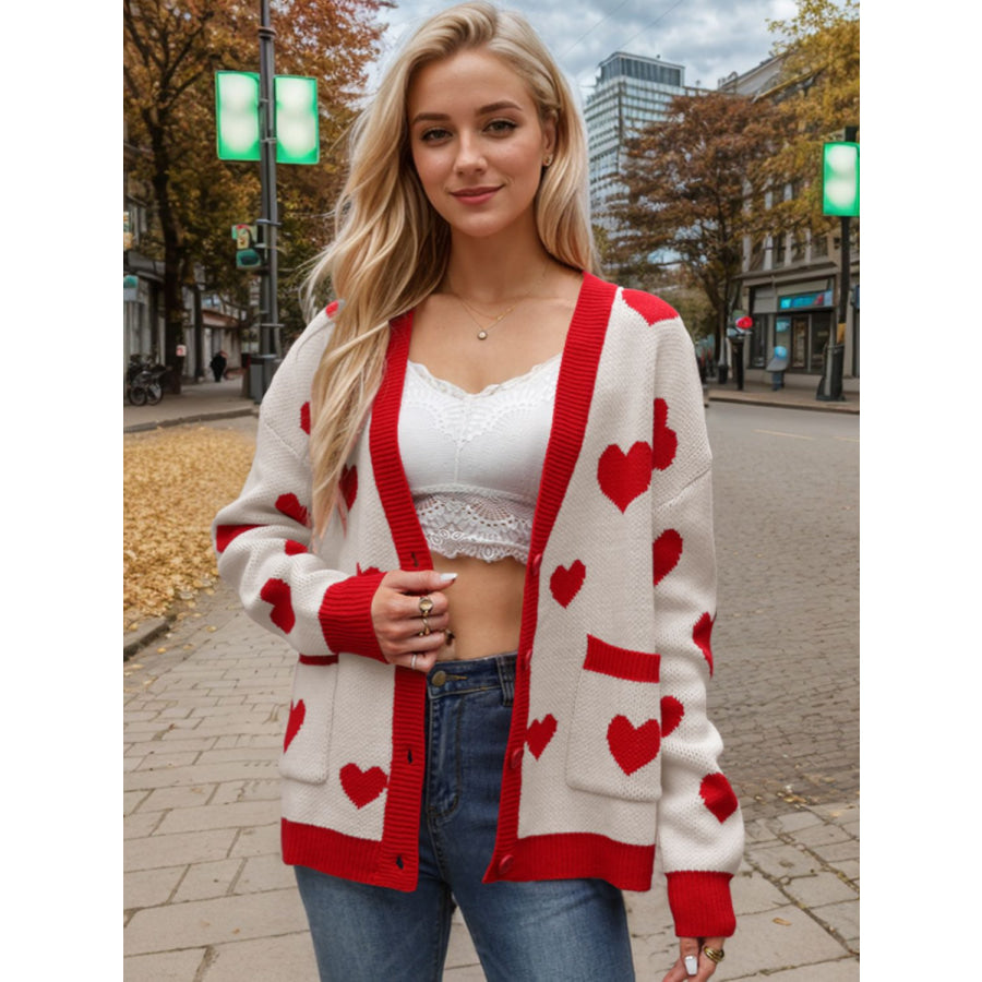 Heart Button Up Dropped Shoulder Long Sleeve Cardigan Apparel and Accessories