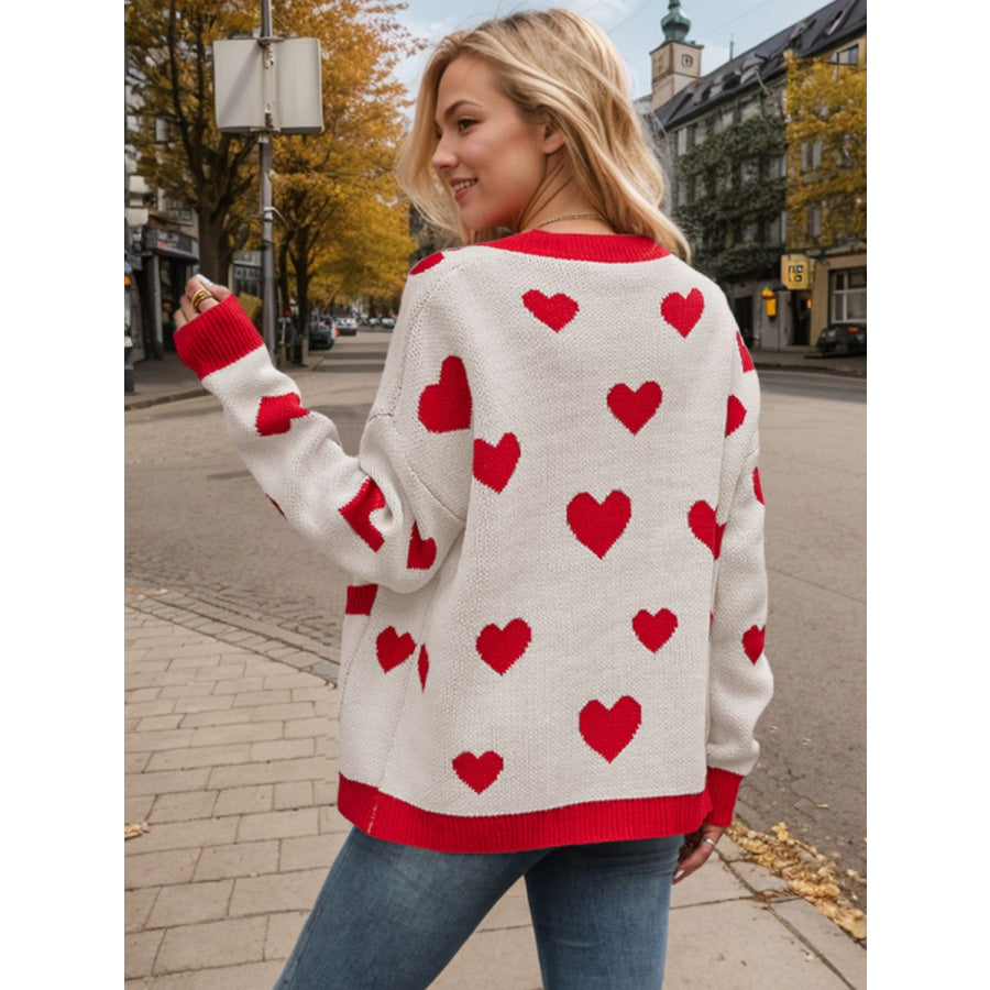 Heart Button Up Dropped Shoulder Long Sleeve Cardigan Apparel and Accessories