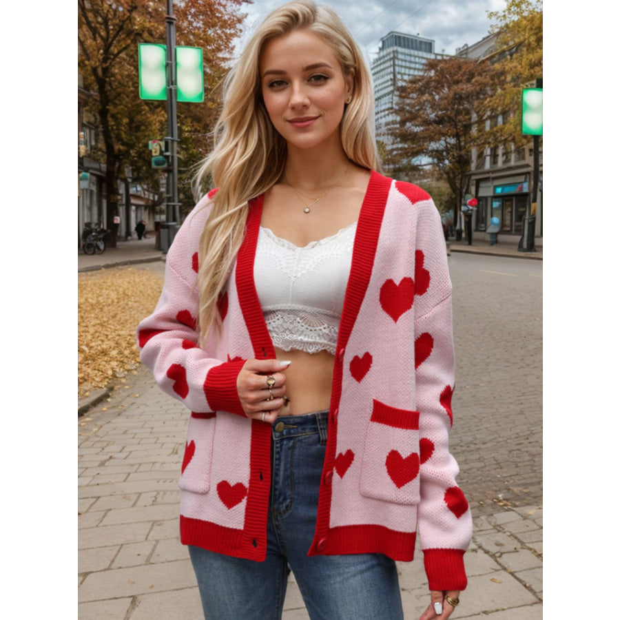 Heart Button Up Dropped Shoulder Long Sleeve Cardigan Apparel and Accessories