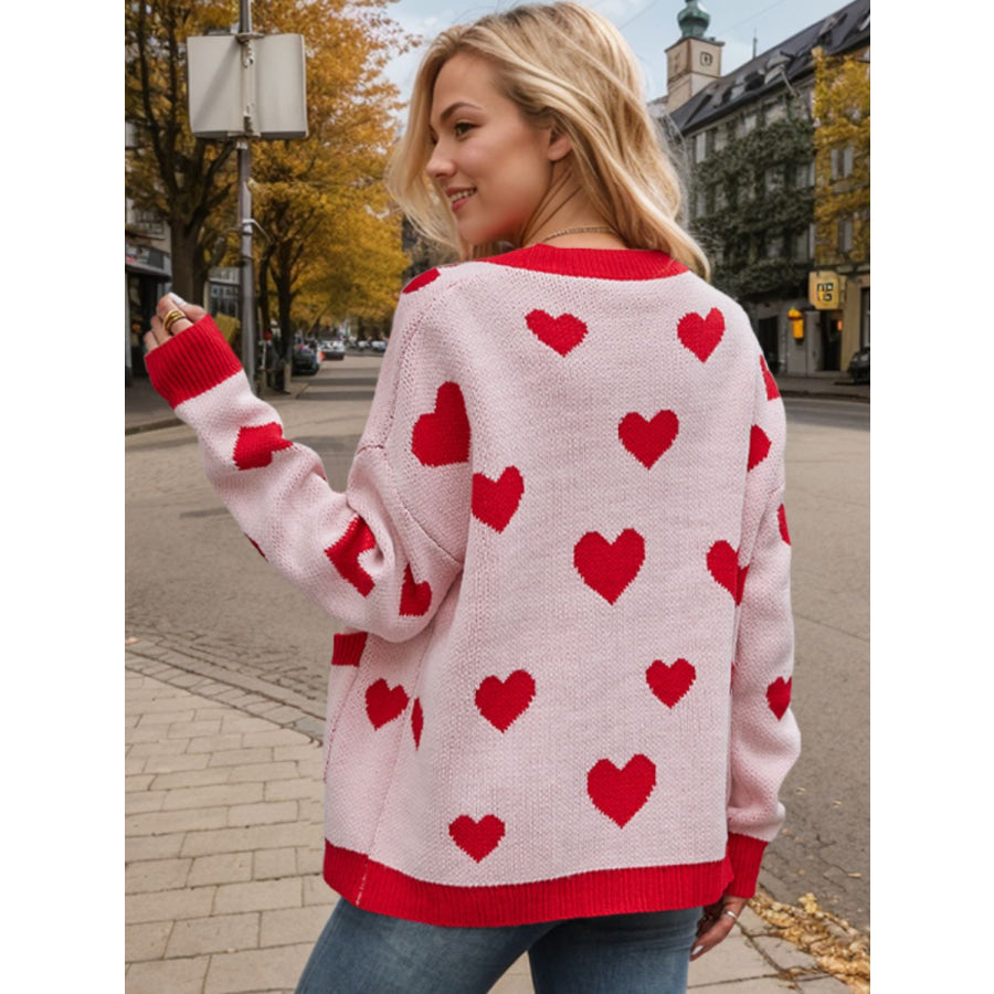 Heart Button Up Dropped Shoulder Long Sleeve Cardigan Apparel and Accessories