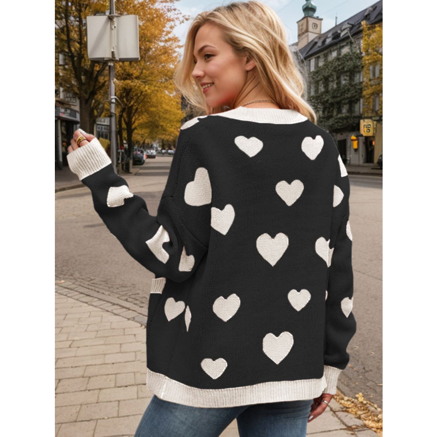 Heart Button Up Dropped Shoulder Long Sleeve Cardigan Apparel and Accessories