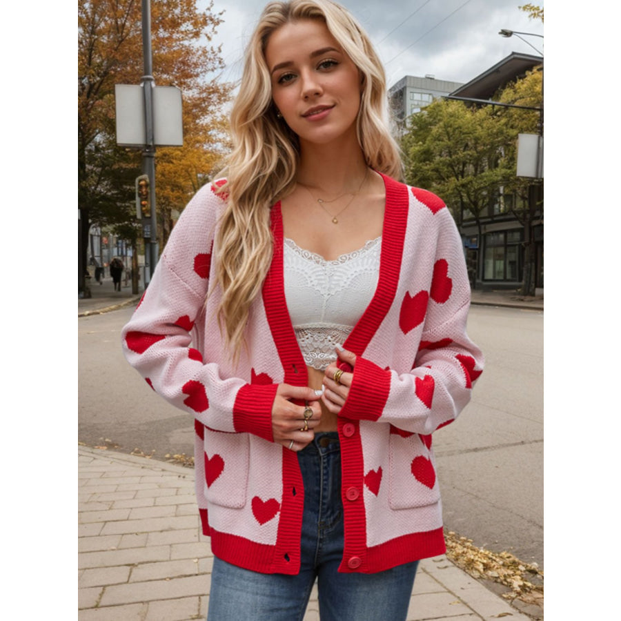 Heart Button Up Dropped Shoulder Long Sleeve Cardigan Apparel and Accessories