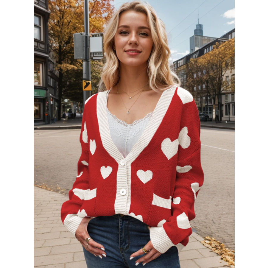 Heart Button Up Dropped Shoulder Long Sleeve Cardigan Apparel and Accessories