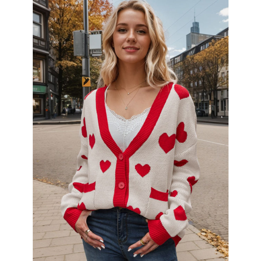 Heart Button Up Dropped Shoulder Long Sleeve Cardigan Beige / S Apparel and Accessories