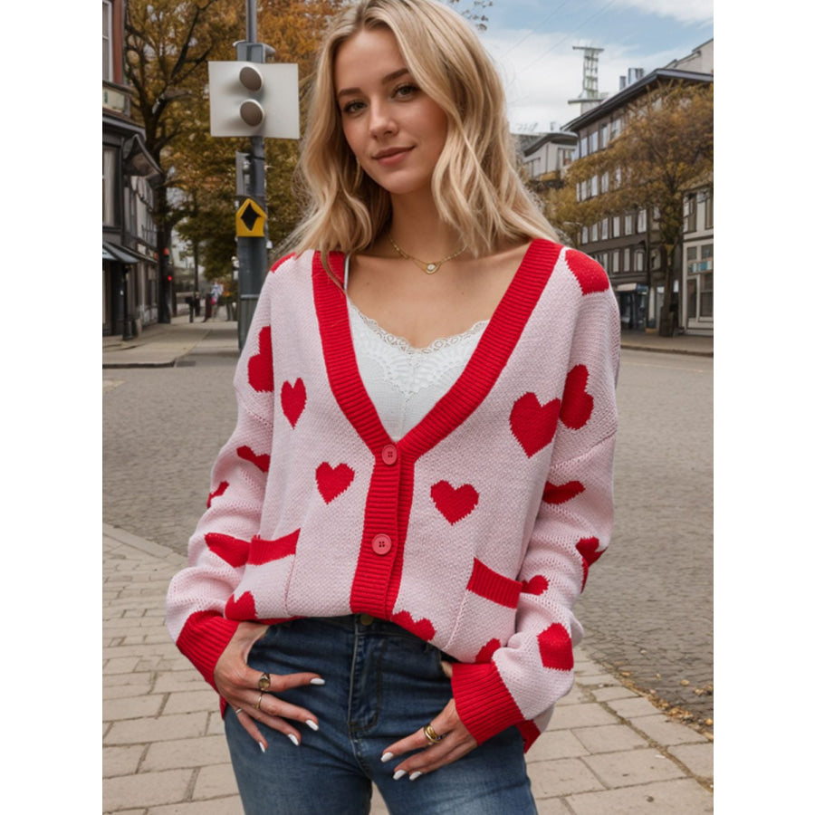 Heart Button Up Dropped Shoulder Long Sleeve Cardigan Blush Pink / S Apparel and Accessories