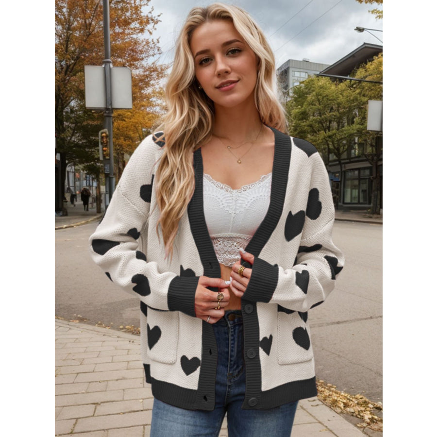 Heart Button Up Dropped Shoulder Long Sleeve Cardigan Cream / S Apparel and Accessories