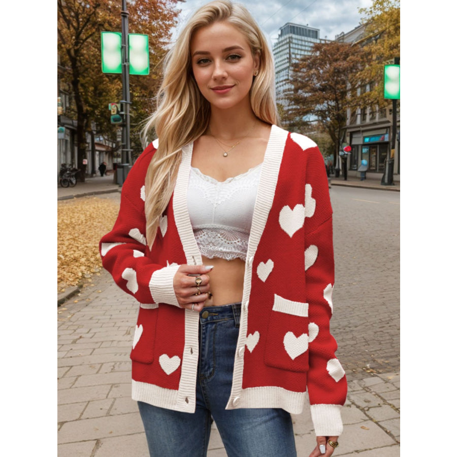 Heart Button Up Dropped Shoulder Long Sleeve Cardigan Deep Red / S Apparel and Accessories