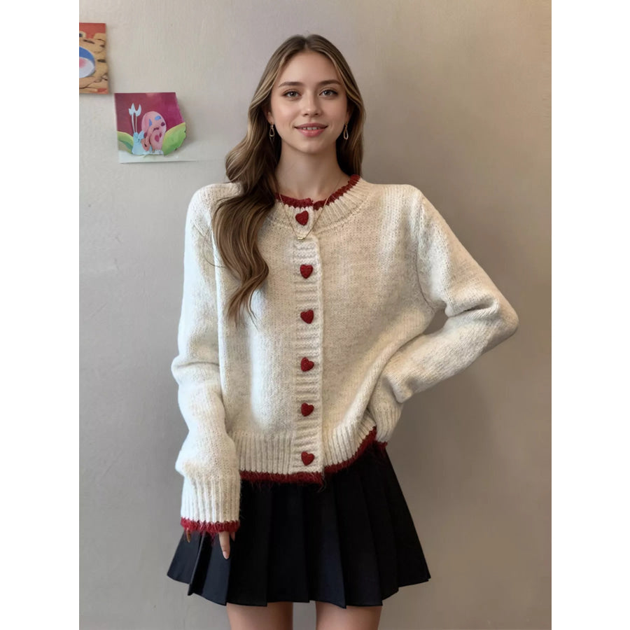 Heart Button Up Knit Cardigan Ivory / One Size Apparel and Accessories