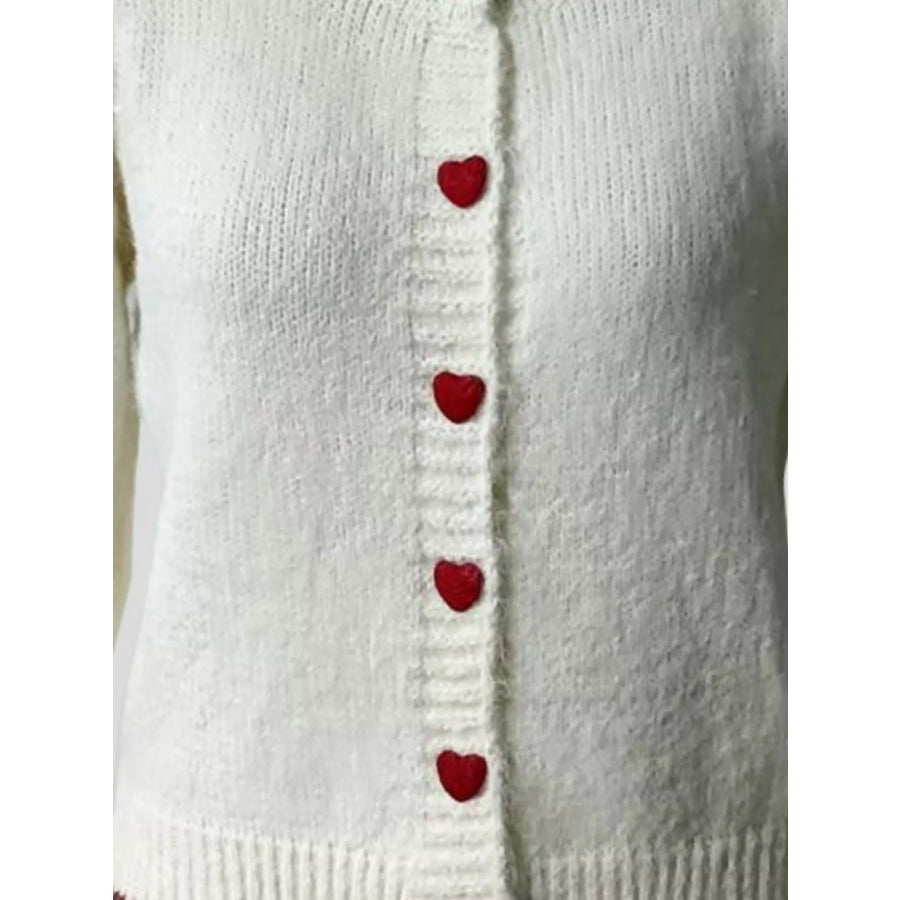 Heart Button Up Knit Cardigan Ivory / One Size Apparel and Accessories